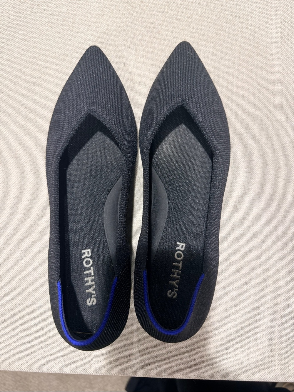 Rothy's Black Pointed Knit Flats with Blue Trim